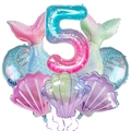 Mermaid party set featuring a large number 5, shell balloons, and fishtail foils in candy colors - Number 5 Style (mermaid005)
