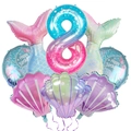 Mermaid party set with gradient number 8 balloon, iridescent tails, and shell foil shapes - Number 8 Style (mermaid005)