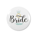 Dettaglio della spilla Bride in latta bianca con scritte nere e decorazioni floreali - Bianco Bride