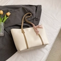 Chic off-white minimalist tote bag with brown straps and pink H-letter silk scarf accessory - White Khaki