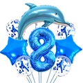 Set de globos tema océano azul con delfín, número 8, estrellas y lentejuelas azules - Número 8 (hy002)