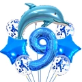 Detalle de set 9º cumpleaños tema océano con delfín azul y globos con confeti - Número 9 (hy002)