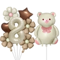 Balloon set featuring cream number 8, matte bear with bow, and daisy flower decorations - Bear Daisy Balloon Bundle - Number 8