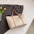 Beige tote bag with pink straps and a silk scarf featuring an H pattern detail - White Pink
