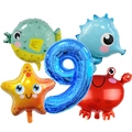 Kit de ballons thème marin avec hippocampe, crabe, poisson-globe et ballon bleu chiffre neuf - Lot de Ballons Animaux Marins 9 (Chiffre 9)