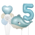 Detailed view of ocean theme balloon set with whale, heart, and number 5 foil balloons - Dolphin Balloon Set (Age 5)