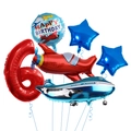 Macro view of a 6-piece airplane themed birthday balloon set with red fighter jet - Number 6 Style