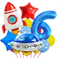 Ruimtefeestpakket met raket, UFO en blauwe nummer 6 folieballonnen op witte basis - Ruimte Nummer 6