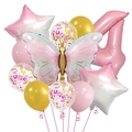 Detailansicht von rosa Schmetterlings- und Nummer 4 Folienballons mit Stern und Konfetti - Nummer 4 Schmetterling Set