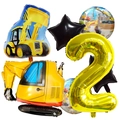 Bau-Bagger Ballon Set für 2. Kindergeburtstag mit goldener Zahl 2 und Sternen - Nummer 2 Thema