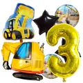 Bauparty-Set mit Bagger-Ballons und einer goldenen Zahl 3 Folienballon-Dekoration - Nummer 3 Thema