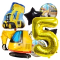 Baustellen Party-Set mit gelben Baggerballons und einer goldenen Zahl 5 aus Folie - Nummer 5 Thema
