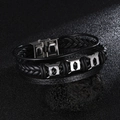 Pulsera multicapa de cuero trenzado negro para hombre con detalles de acero inoxidable - Negro