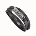 Pulsera multicapa de cuero trenzado negro para hombre con placa de calavera plata vieja - Negro