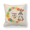 Close-up of linen Easter pillowcase texture with bunny, daisies and Happy Easter print - Grey Bunny with Egg (16)