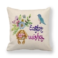 Detail of linen Easter pillow cover with watercolor bunny, flowers and Easter wishes text - Watercolor Bunny and Blue Bird (19)