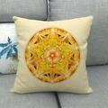 Detailed texture of linen throw pillow case featuring orange mandala geometric patterns - Orange Yellow Retro Mandala(5)