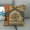 Close-up of vintage Western ranger linen pillow cover with revolver and badge print - Western Sheriff Pistols Style (12)