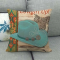 Western style linen pillow cover featuring a teal cowgirl hat and vintage saddle motif - Teal Cowboy Hat Style (2)