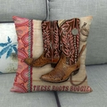 Close-up of linen pillowcase with cowboy boots print and These Boots Boogie text - Pink Cowboy Boots Style (8)