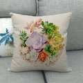 Linen square pillowcase featuring watercolor succulent plants on a gray fabric sofa - Realistic Colorful Succulent Style (22)