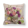 Close-up of Easter linen pillow cover with tulips, eggs, and bird on a white background - Tulips Eggs and Bird (5)