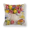 Square linen Easter pillowcase featuring pink tulips, daffodils, and vintage teacup print - European Tea Cup Flowers (9)