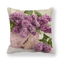 Detailed texture of rustic linen pillowcase with purple lilac and basket print - Lilac Basket and Bird (11)