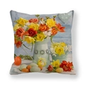 Detail of linen pillowcase with Easter eggs and spring flowers print on white background - Blue Bottled Tulips (13)