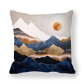 Perzikhuid kussensloop met blauw en goud marmeren berglandschap en rood zonontwerp - Patchwork Stijl Landschap (3)
