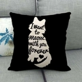 Black linen throw pillow cover with cat silhouette and romantic meow quote on sofa - I Want To Meow With You Forever(8)