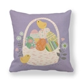 Funda de cojín de lino púrpura con cesta de huevos de Pascua coloridos y pollitos amarillos - Estilo Cesta de Huevos (1)