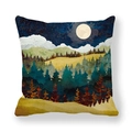 Housse de coussin peau de pêche marbrée avec imprimé paysage d'art lune et forêt - Forêt Colorée de Nuit (5)