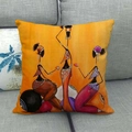 Square linen pillow cover featuring vibrant African tribal art figures on gray sofa - African Woman Art Style 3 (3) / 45x45cm
