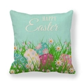 Funda de cojín de Pascua en lino verde azulado con letras Happy Easter y huevos - Estilo de Huevo de Pascua y Hierba Azul Tiffany (4)