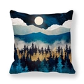 Housse de coussin en peau de pêche avec forêt de minuit et lune illustrée - Forêt de Minuit Bleu Foncé (10)