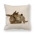 Funda de cojín cuadrada de lino con estampado realista de conejo y gatito tierno - Rabbit and Kitten Group