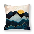 Funda de cojín abstracta con paisaje de montañas azules y un gran sol dorado - 45x45 cm / Estilo Montañas Capas de Arte (14)