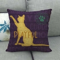 Close-up of linen pillowcase with yellow cat silhouette and Playful text on purple fabric - Purple Kitten Style (One) / 45x45cm