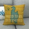 Detail of square linen pillowcase with cat silhouette and MOOD TO BE DETERMINED slogan - Warm Yellow Cat Style (3) / 45x45cm