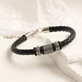 Pulsera para hombre de cuero negro trenzado con cuentas plateadas vintage y cierre de mosquetón - Modelo metálico cilíndrico con textura de rejilla (7 modelos B407)