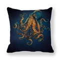 Detail showing the intricate octopus print on a dark blue marble textured peach skin pillowcase - Gold Cyan Giant Octopus