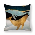 Detail view of square peach skin pillowcase featuring artistic whale wave print design - Gold Blue Whales Jumping