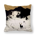 Close-up of minimalist mountain and reindeer print on peach skin fabric cushion cover - Snow Field Black Mountain Reindeer
