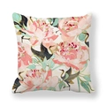 Detail of peach skin cushion cover with pink peony flowers and elegant crane print - Pink Peony Crane