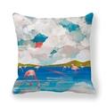 Detail of soft peach skin pillowcase with flamingo and mountain art print - Flamingo Lake Red Sun