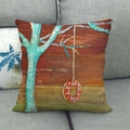 Künstlerischer Leinen-Kissenbezug mit Strandmotiv und Baumschaukel auf grauem Sofa - Blauer Baum Und Reifenschaukel Druck (2)