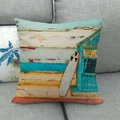 Detailstruktur des Leinenkissenbezugs mit Vintage-Surfbrett und Strandhaus-Kunstdesign - Surfbretter Und Blaue Hütte Druck (4)