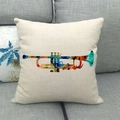Detailed texture of linen pillowcase with colorful trumpet print on a gray sofa - Trumpet Colorful Splatter Style