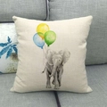 Close-up of linen cushion cover with watercolor elephant and balloons illustration - Baby Elephant with Three Balloons (13)
